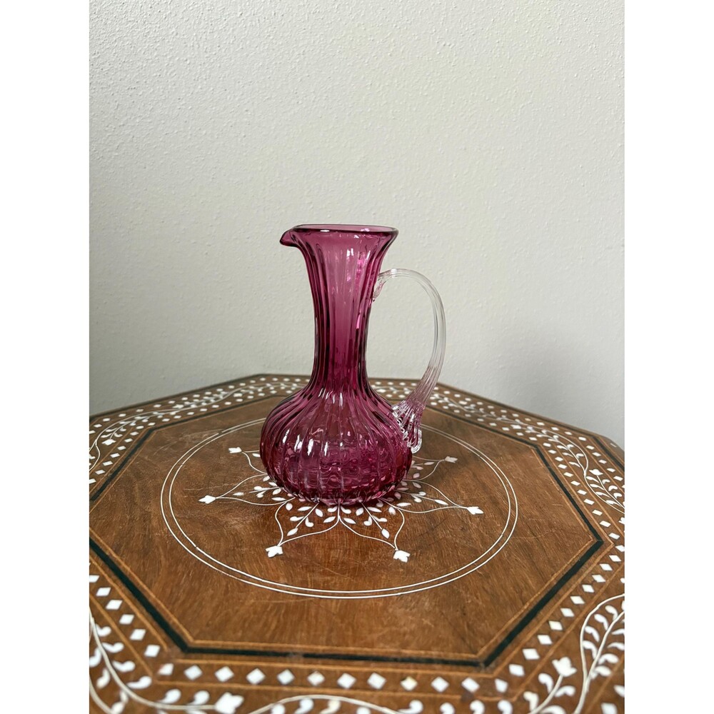 Vintage Pilgrim Cranberry Ribbed Glass Creamer/ Pitcher/Vase With Clear Handle